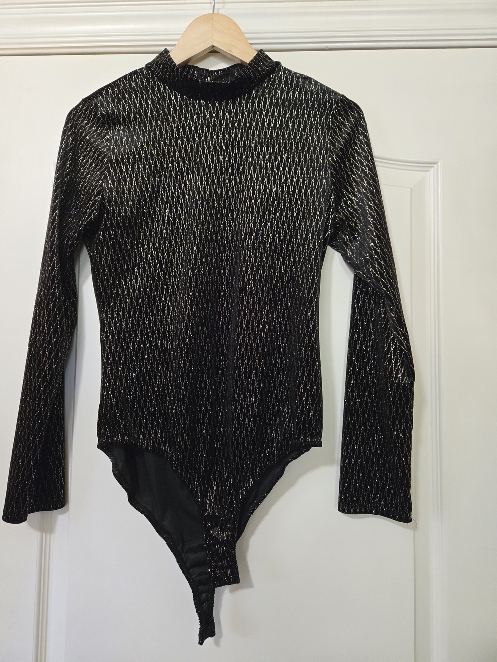 Black Metallic Long-Sleeve Mock Neck Bodysuit